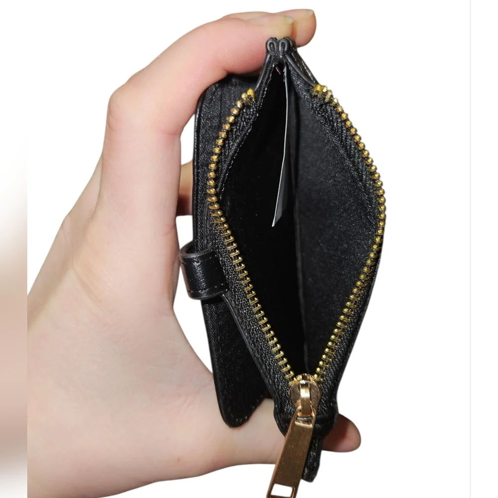 Black Faux Leather Slim Card Holder Wallet with Gold Hardware & ID Window